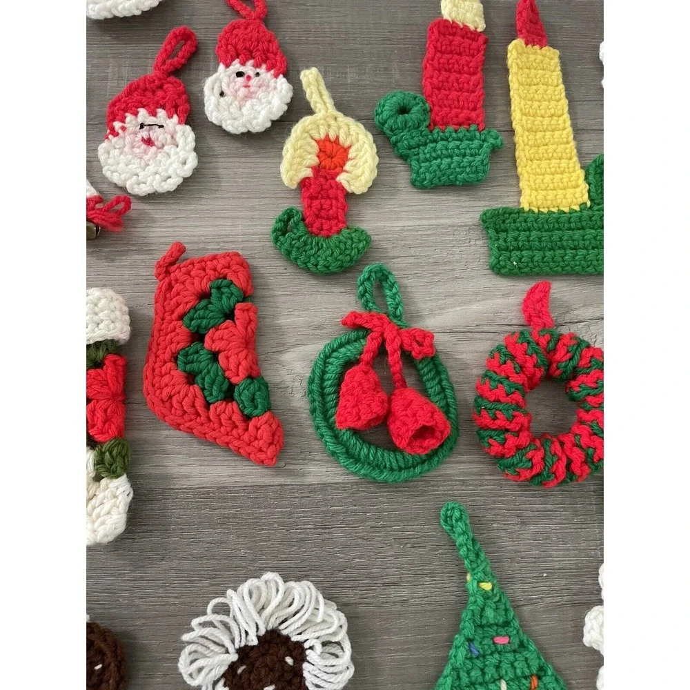 Vintage Lot of 33 Handmade Chrocheted Christmas Ornaments Santas Wreaths Candles